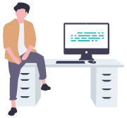 Illustration d'un homme assis sur un bureau avec un ordinateur allumé
