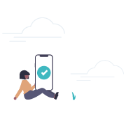 Illustration d'une femme assise par terre tenant un téléphone avec des nuages dans le ciel