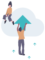 Illustration d'un homme et d'une femme. La femme se tient sur un nuage et l'homme accroche sur ce nuage une flèche pointant vers le haut.